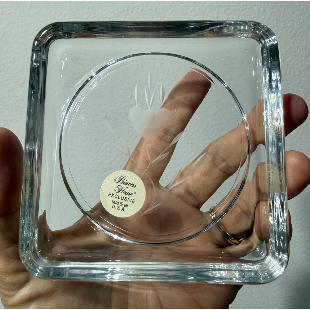 Princess House Heritage Etched Glass Square Coaster Trinket Dish Floral USA 4in